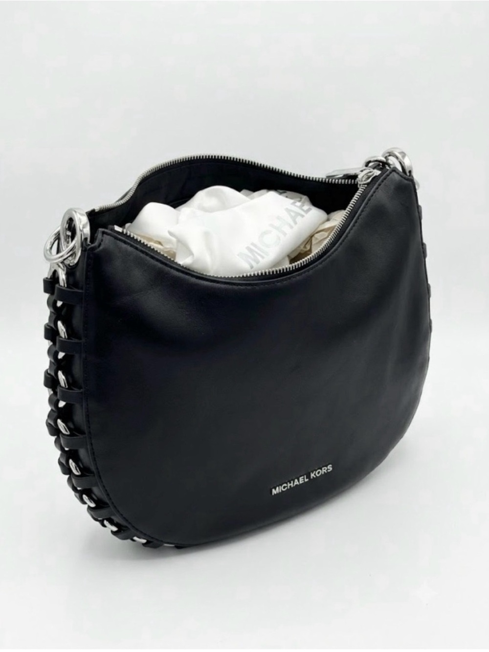 Michael Kors Black Leather Hobo Shoulder Bag with Side Lacing